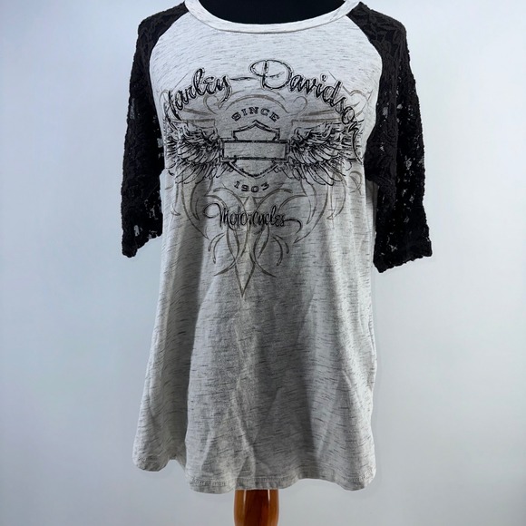 Harley Davidson Tops - Harley Davidson Womens Black Lace Sleeve Raglan Graphic T Shirt Size L